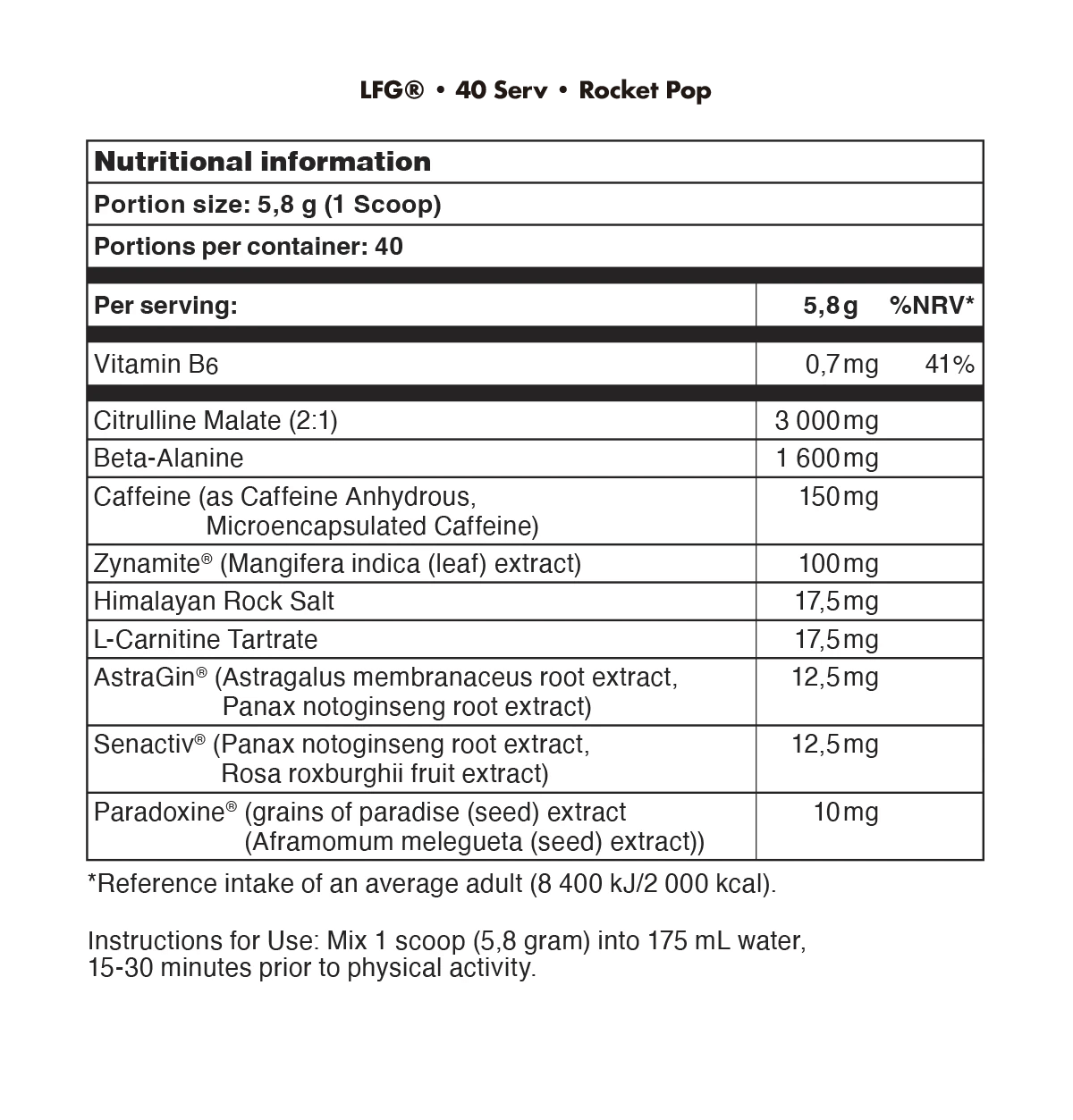 Bucked Up LFG Nutrition Facts