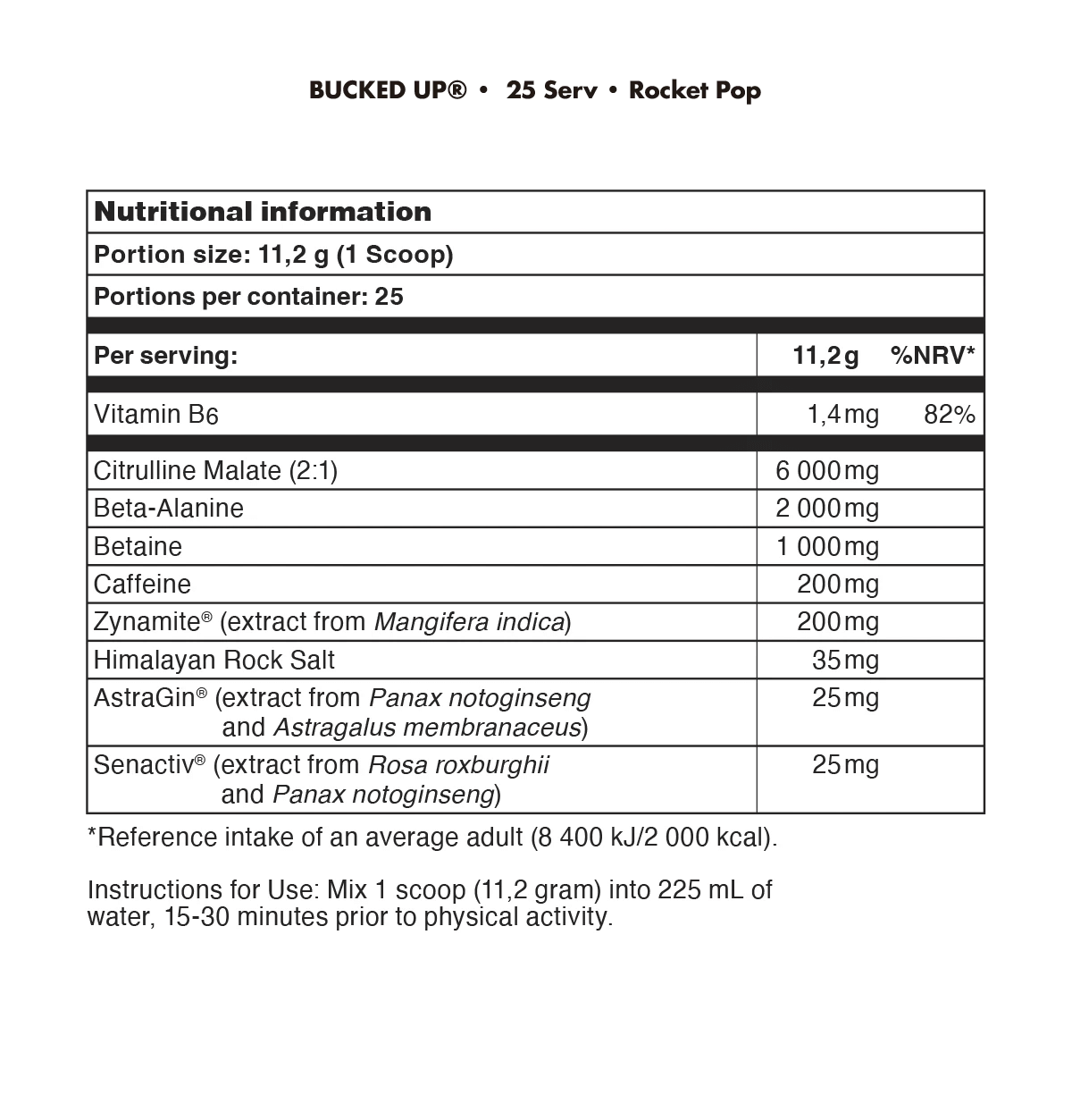 Bucked Up Pre Workout Nutrition Facts