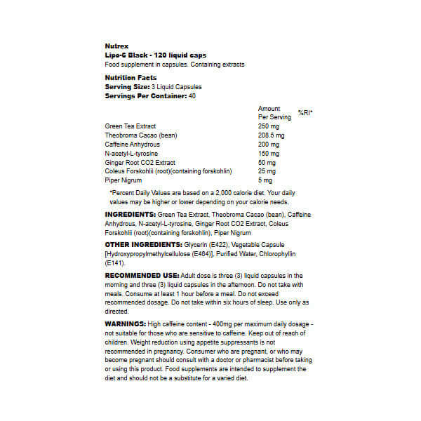 Nutrex Lipo 6 Black Nutrition Facts