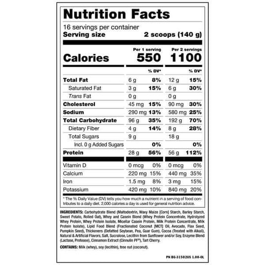 Mutant Mass Dual Chamber Nutrition Facts