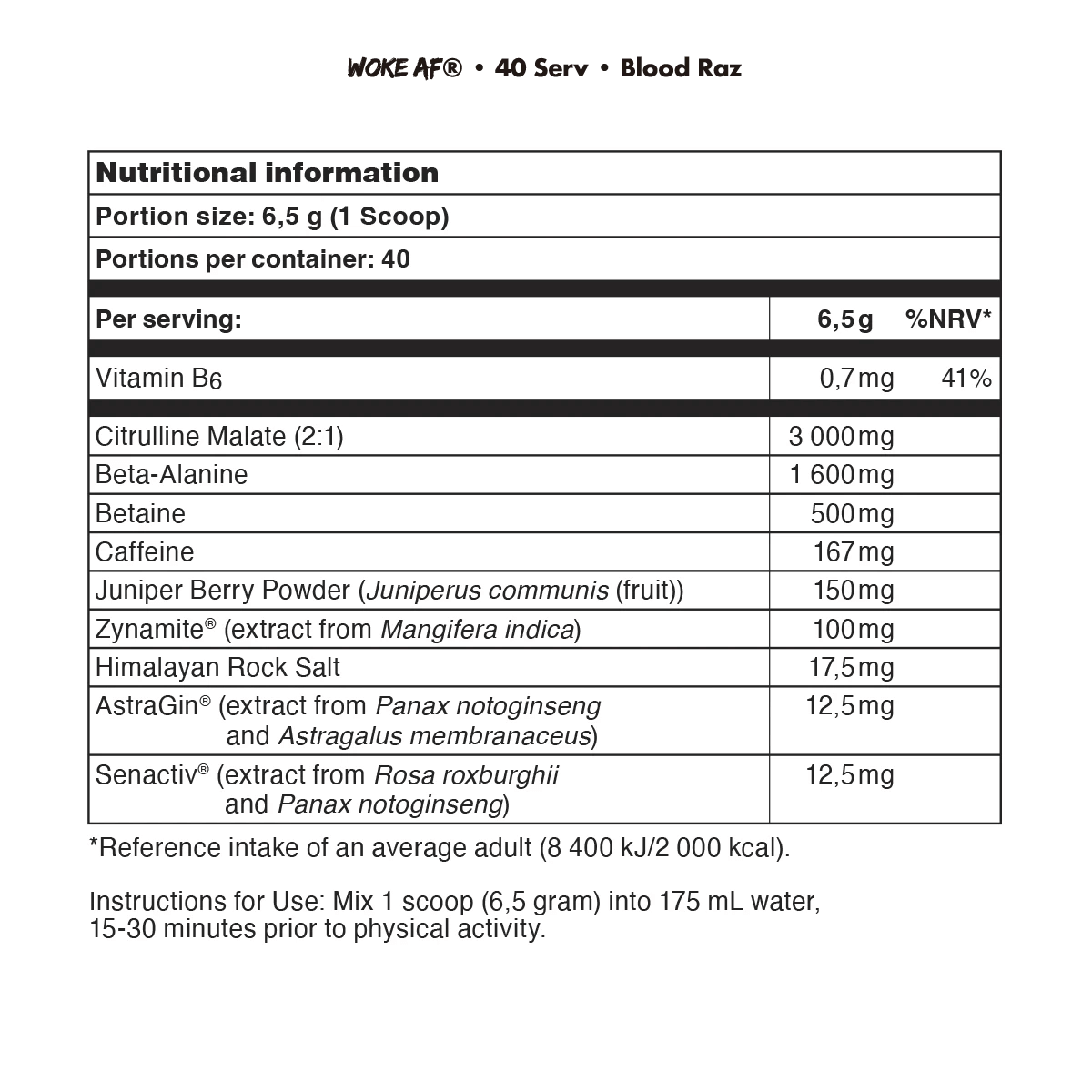 Bucked Up Woke AF Nutritional Info