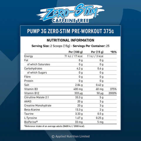 Applied Nutrition Pump 3G Zero Stim Nutrition Facts